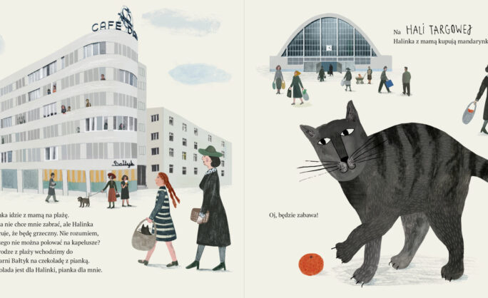 Obraz Główny: Strony z książki „Gdyńskie wędrówki kota Antoniego”, wydanej przez Muzeum Miasta Gdyni