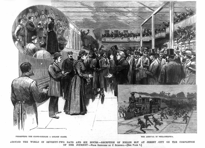 Przyjęcie powitalne Nellie Bly w Jersey City, drzeworyt wydrukowany we „Frank Leslie’s Illustrated News” 8 lutego 1890 roku (źródło: www.wikiwand.com)